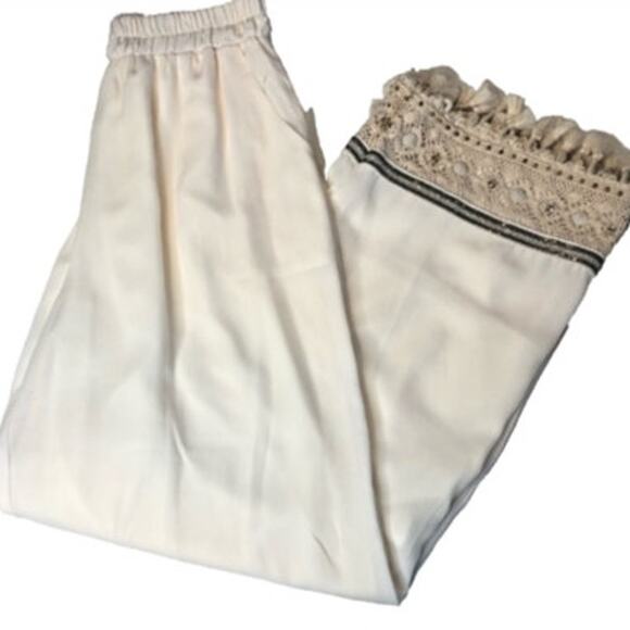 Moda Luxe Ivory Pants w/ Knit & Fringe Details, Pockets, Elastic Waistband, M - Picture 1 of 4